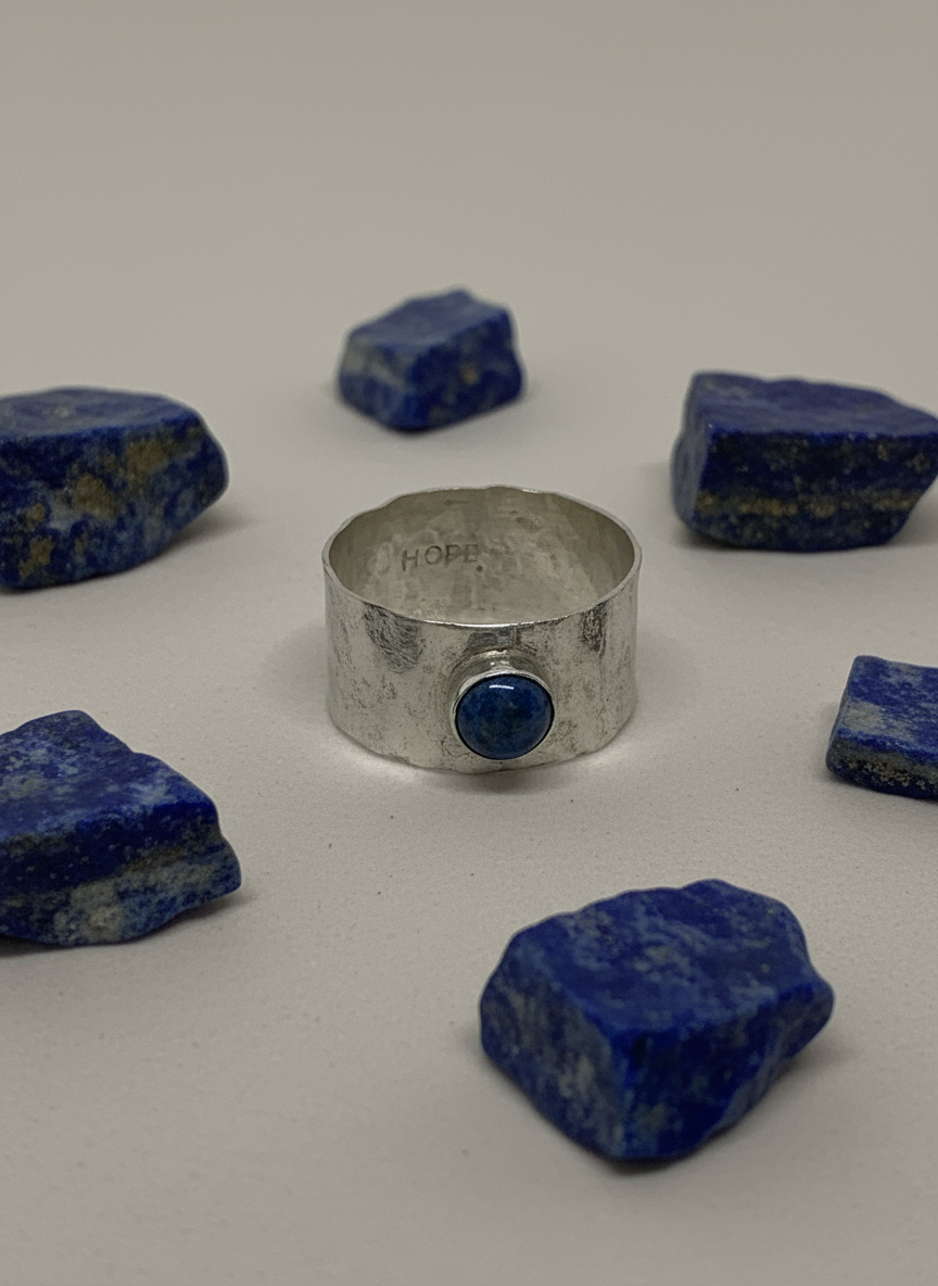 Silver Ring with Lapis Lazuli and hammered detail